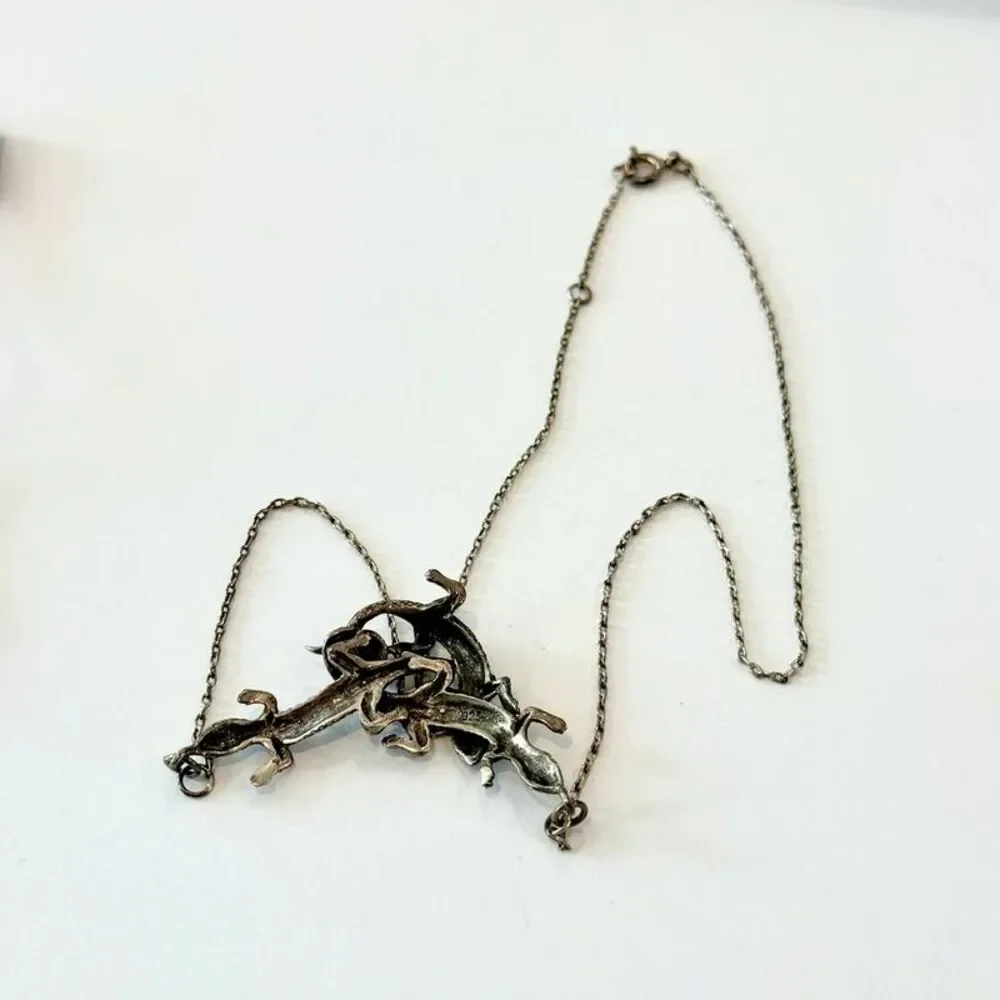 Vintage three lizard marked 925 silver necklace